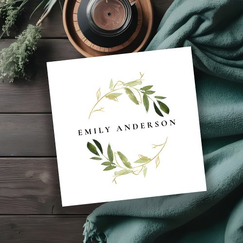 GOLD GREEN FOLIAGE WATERCOLOR WREATH PROFESSIONAL SQUARE BUSINESS CARD