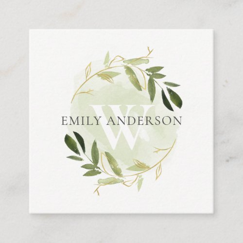 GOLD GREEN FOLIAGE WATERCOLOR WREATH PROFESSIONAL SQUARE BUSINESS CARD