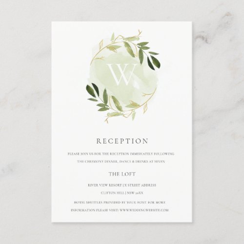 GOLD GREEN FOLIAGE WATERCOLOR WREATH RECEPTION ENCLOSURE CARD