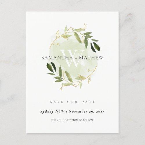 GOLD GREEN FOLIAGE WATERCOLOR WREATH SAVE THE DATE ANNOUNCEMENT POSTCARD