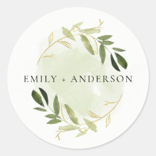 GOLD GREEN FOLIAGE WATERCOLOR WREATH WEDDING CLASSIC ROUND STICKER