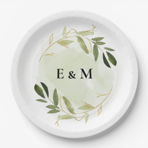 GOLD GREEN FOLIAGE WATERCOLOR WREATH WEDDING PAPER PLATES