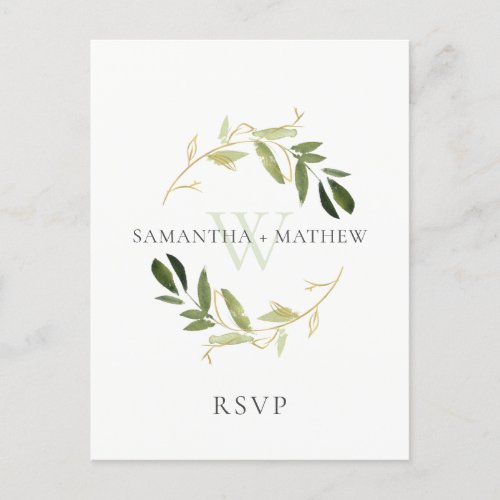 GOLD GREEN FOLIAGE WATERCOLOR WREATH WEDDING RSVP POSTCARD