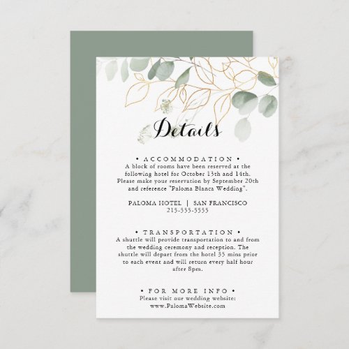 Gold Green Foliage Wedding Details Enclosure Card