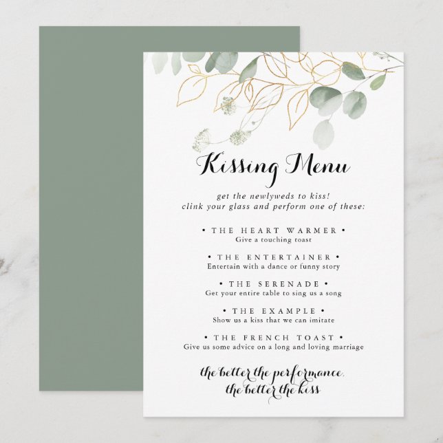 Gold Green Foliage Wedding Kissing Menu Game Card (Front/Back)