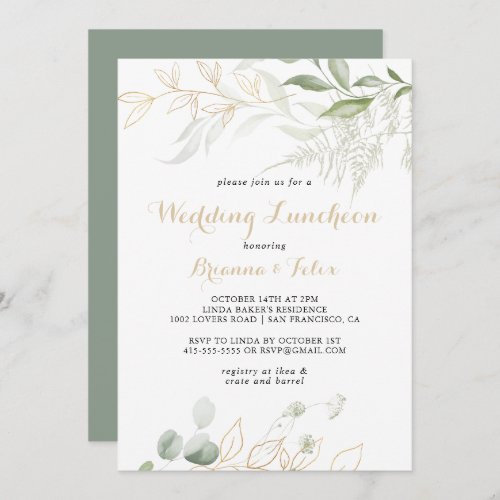 Gold Green Foliage Wedding Luncheon Bridal Shower  Invitation