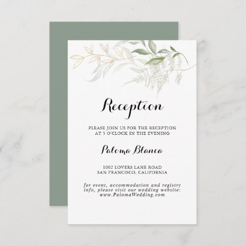 Gold Green Foliage Wedding Reception  Enclosure Card