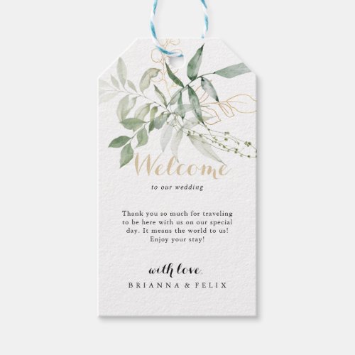 Gold Green Foliage Wedding Welcome  Gift Tags