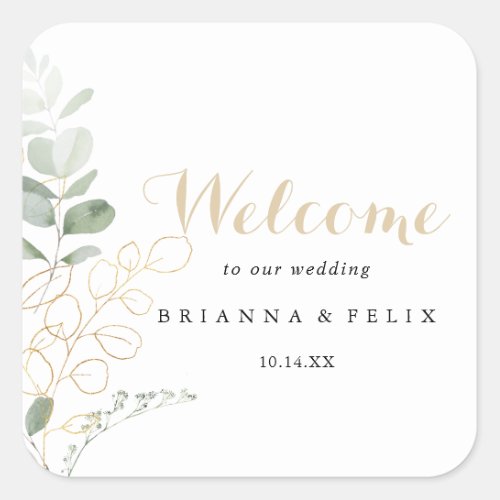 Gold Green Foliage Wedding Welcome  Square Sticker