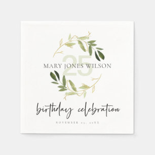 GOLD GREEN FOLIAGE WREATH ANY AGE 25TH BIRTHDAY NAPKINS