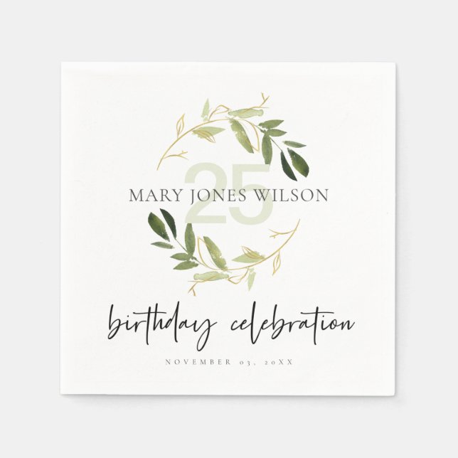 GOLD GREEN FOLIAGE WREATH ANY AGE 25TH  BIRTHDAY NAPKINS (Front)