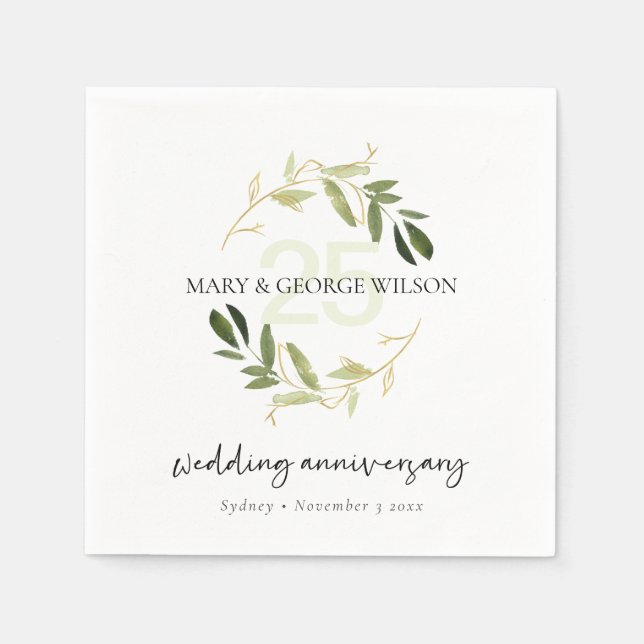 GOLD GREEN FOLIAGE WREATH ANY YEAR 25 ANNIVERSARY NAPKINS (Front)