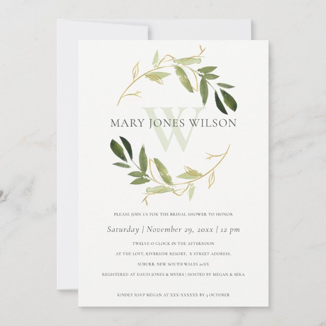 GOLD GREEN FOLIAGE WREATH BRIDAL SHOWER CARD (Front)