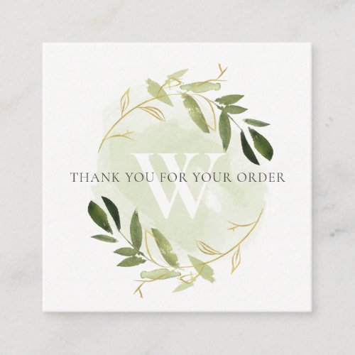 GOLD GREEN FOLIAGE WREATH LOGO SHOPPING THANK YOU SQUARE BUSINESS CARD