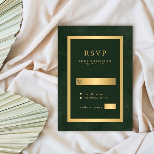 Gold green formal wedding modern typography RSVP card