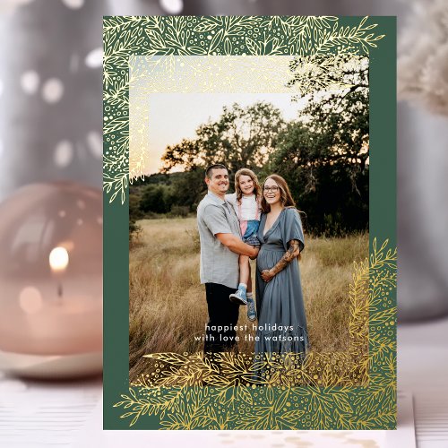 Gold Green Frame hand drawn Christmas Photo Foil Holiday Card