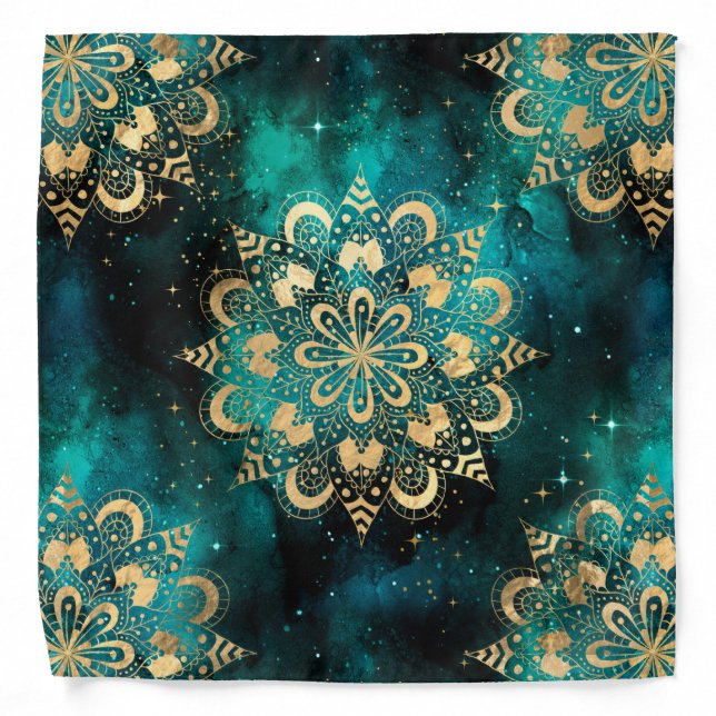 Gold & Green Galaxy Dharma Mandala Pattern Bandana (Front)