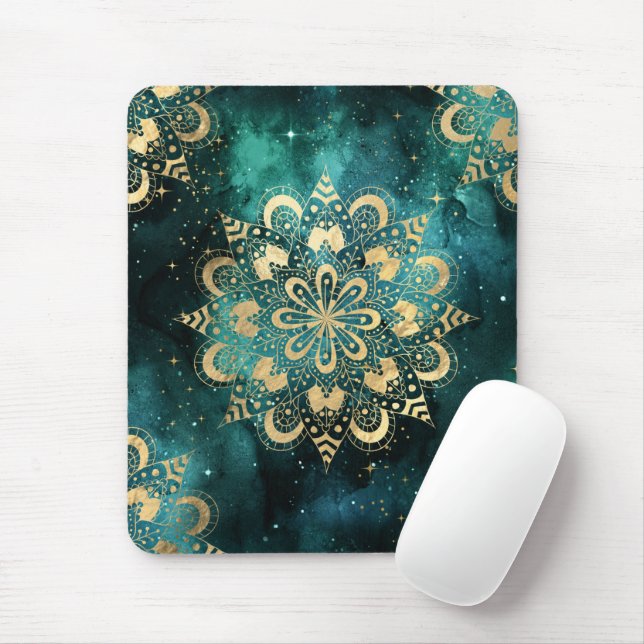 Gold & Green Galaxy Dharma Mandala Pattern Mouse Pad (With Mouse)