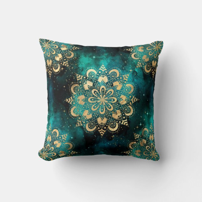 Gold & Green Galaxy Dharma Mandala Pattern Throw Pillow (Front)