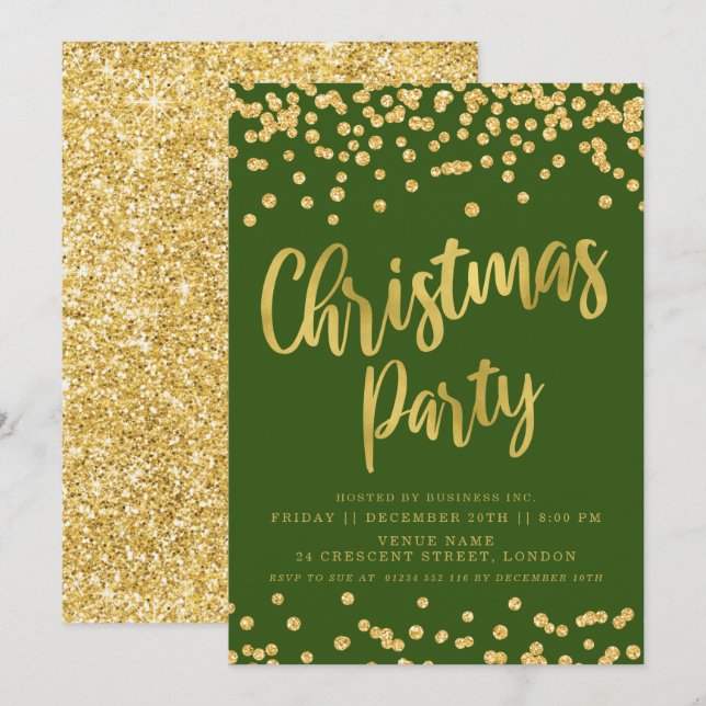 Gold Green Glitter Christmas Corporate Holiday Invitation (Front/Back)