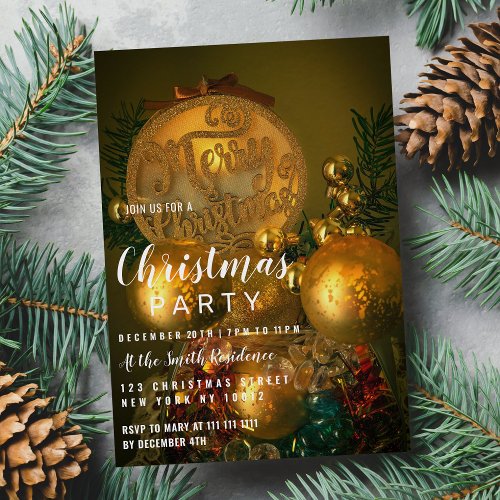  Gold green glitter christmas ornaments invitation