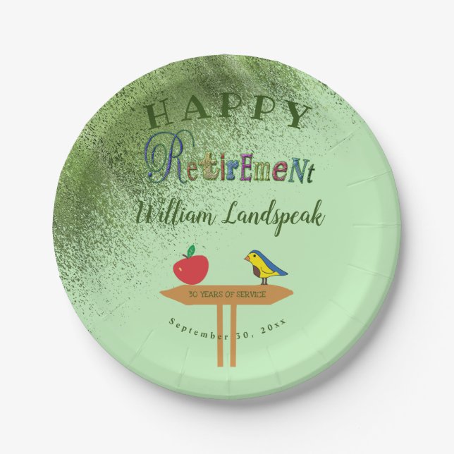 Gold Green Glitter & Happy Retirement  Paper Plates (Front)