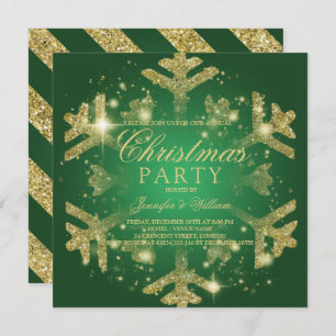 Gold & Green Glitter Snowflake Xmas Holiday Party Invitation
