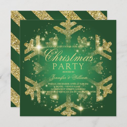 Gold  Green Glitter Snowflake Xmas Holiday Party Invitation