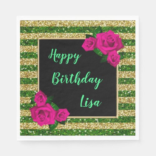 Gold Green Glitter Stripes Pink Roses Birthday Napkins