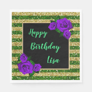 Gold Green Glitter Stripes Purple Roses Birthday Napkins