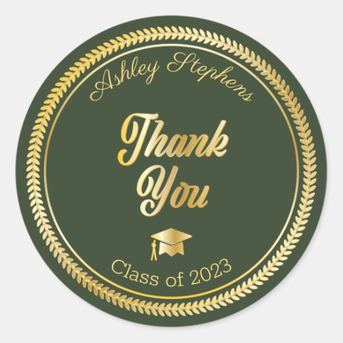 Gold  Green Grad Cap Class of 2023 Thank You Classic Round Sticker