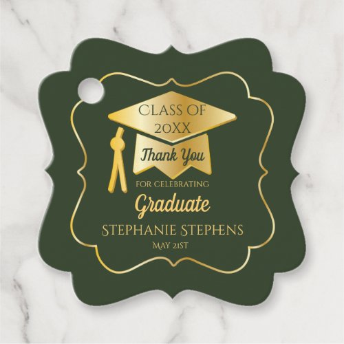 Gold  Green Grad Cap Class of 2023 Thank You Favor Tags