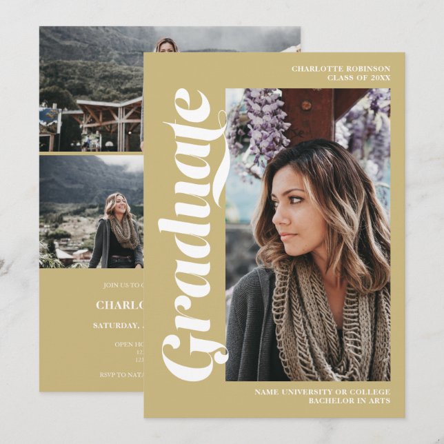 Gold green graduate script photo graduation invitation (Front/Back)