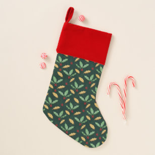 Red and Green Christmas Stockings with Glittery Holly Leaves and Berry Accents 