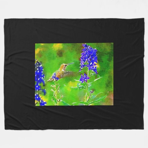 Gold green hummingbird blue delphinium flowers fleece blanket