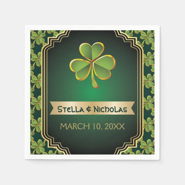 Gold, green Irish clover and frame wedding Napkins (Front)