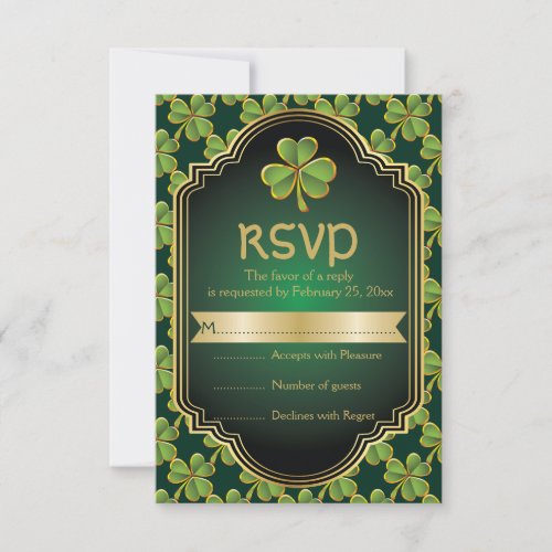 Gold green Irish clover and frame wedding RSVP