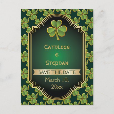 Gold, Green Irish Clover Wedding Save The Date Announcement Postcard