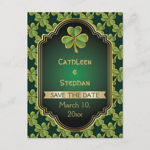 Gold green Irish clover wedding Save the Date Announcement Postcard