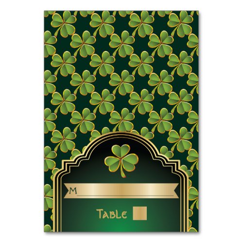 Gold green Irish clover wedding table number