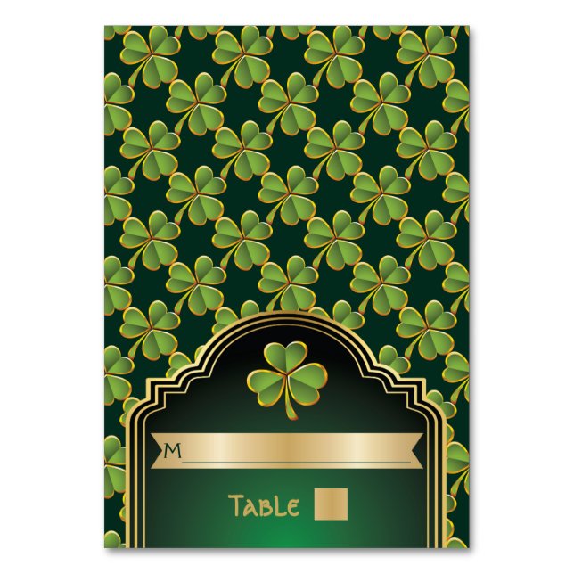 Gold, green Irish clover wedding table number (Front)