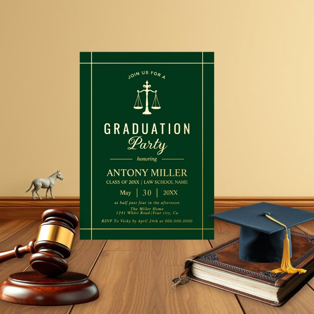 Gold, green law school graduation Class Of 2026  Foil Invitation (Creator Uploaded)