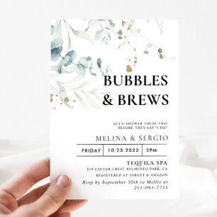 Gold Green Leaves Bubbles & Brews Bridal shower Invitation