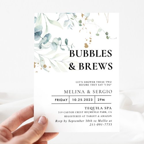 Gold Green Leaves Bubbles  Brews Bridal shower  Invitation
