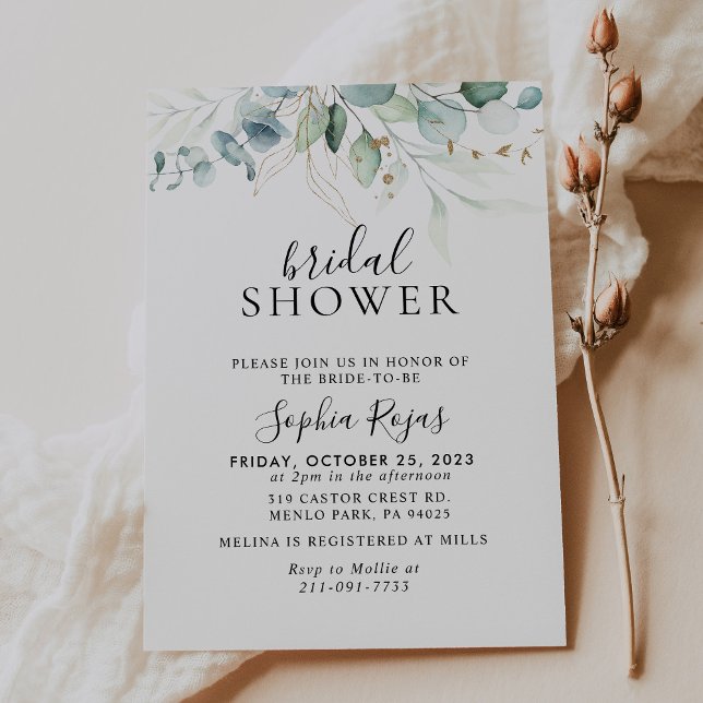 Gold Green Leaves Calligraphy Bridal shower  Invitation (Creator Uploaded)
