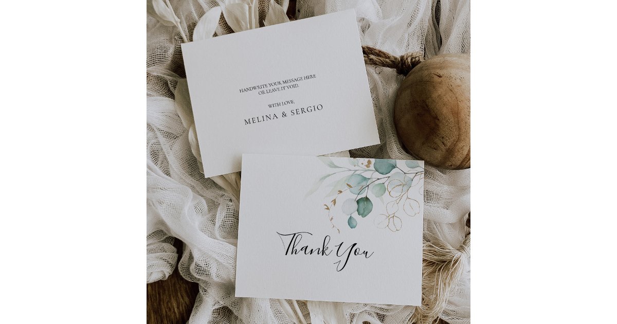 Gold Green Leaves Calligraphy Wedding Thank You Card | Zazzle