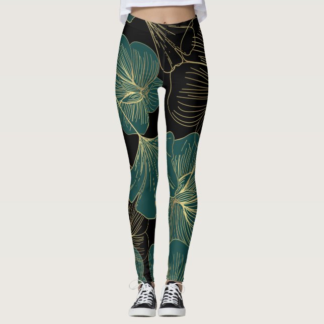 Gold green leaves leggings (Front)