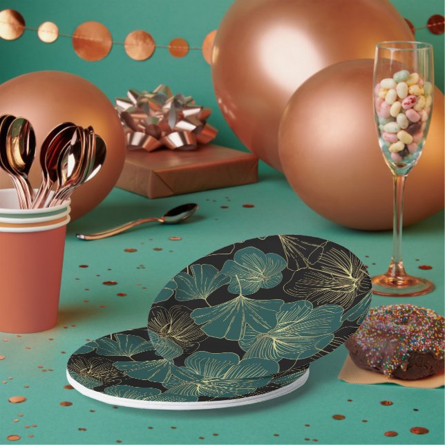 Gold green leaves paper plates (Multi)