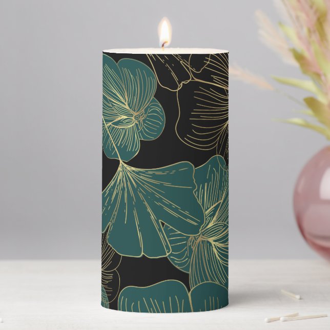 Gold green leaves  pillar candle (In Situ)