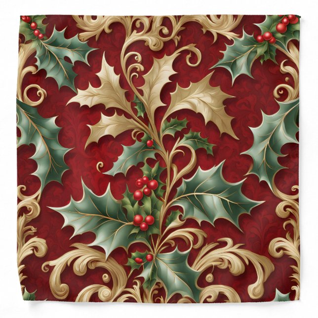 Gold Green Leaves Red Christmas Holiday Bandana (Front)
